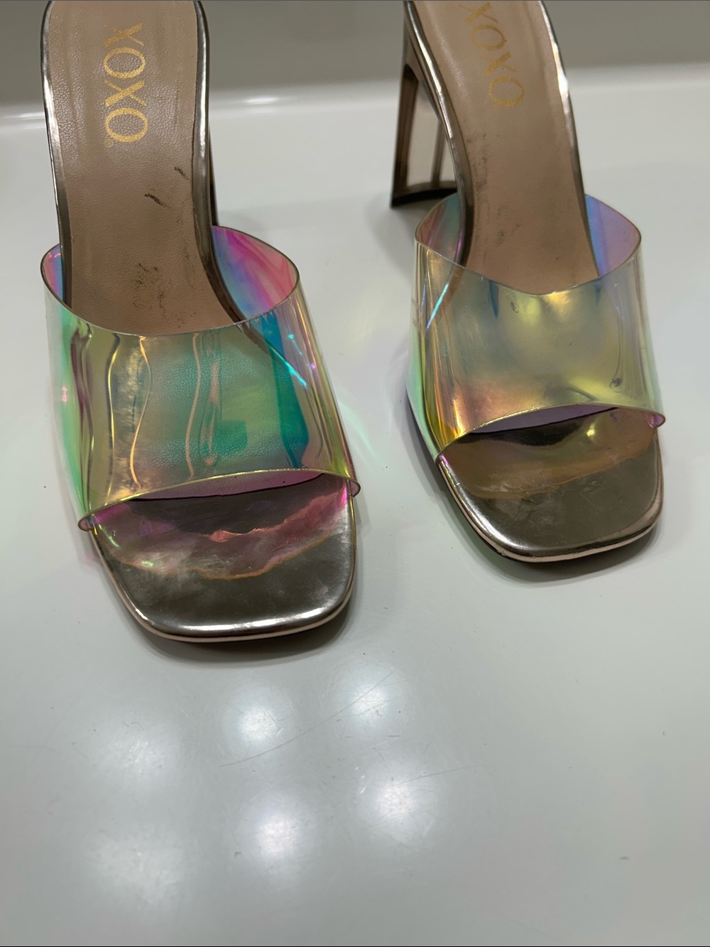 XOXO Iridescent Open-Toe Slide Heels in Holographic Multi